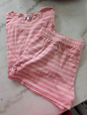 LAKE pajamas Pima Cotton Crew Long-Short Set In coral Stripe